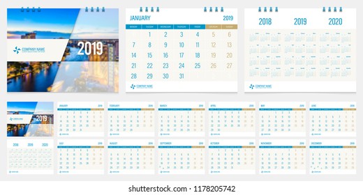 Calendar 2019 week start Monday corporate design template vector.