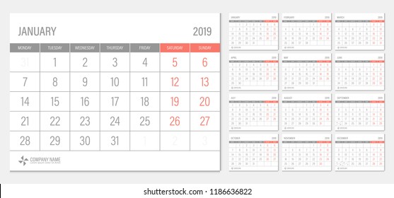 Calendar 2019 week start Monday
 corporate design template vector.