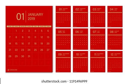 Calendar 2019 week start Monday corporate design template vector.