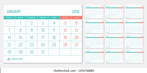 Calendar 2019 week start Monday corporate design template vector.