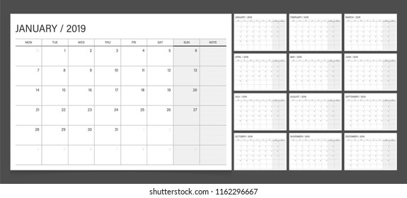 Calendar 2019 week start on Monday corporate design planner template.