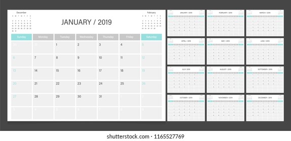 Calendar 2019 week start on Sunday corporate design planner template.