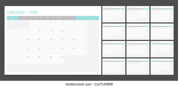 Calendar 2019 week start on Sunday corporate design planner template.