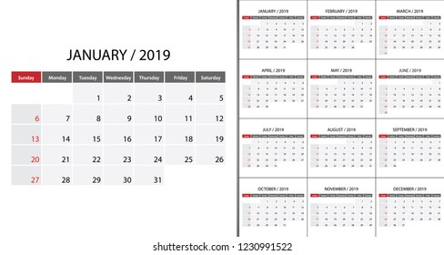 Calendar 2019 week start on Sunday. Template for planner design