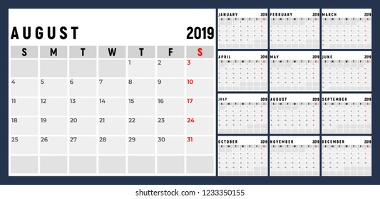 Calendar 2019 week start on Sunday corporate design planner template.