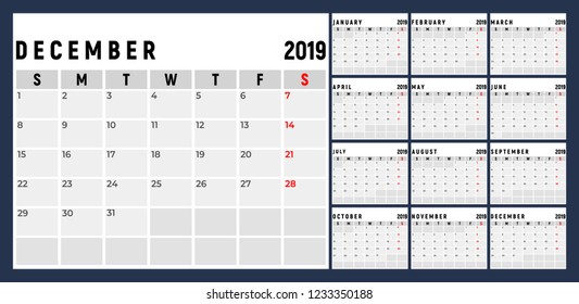 Calendar 2019 week start on Sunday corporate design planner template.