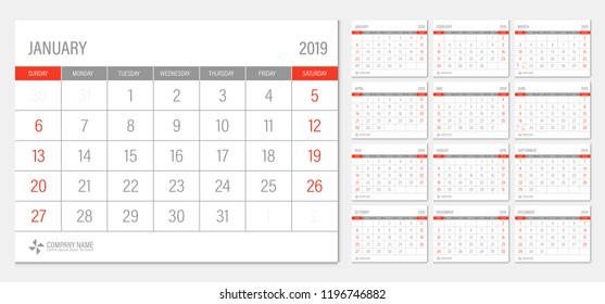 Calendar 2019 week start Sunday corporate design template vector.