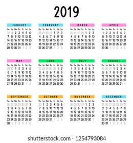 Calendar 2019. Week starts from Monday. Vector illustration.