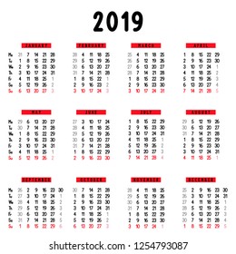 Calendar 2019. Week starts from Monday. Black, gray and red colors. Vector illustration.