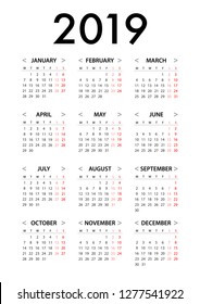 Calendar for 2019 Week Starts Monday. Simple Vector Graphic Design Template