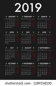 Calendar for 2019 Week Starts Monday. Simple Vector Graphic Design Template