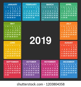 Calendar 2019. Week starts on Sunday. Colorful grid on a dark background.