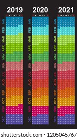 Calendar for 2019.  The week starts on Sunday. Colorful colors by month. Vector illustration of EPS10