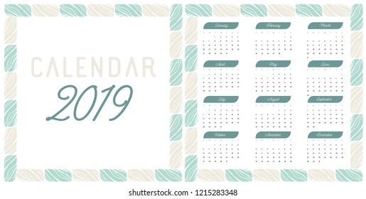 Calendar 2019. Week Starts on Sunday. Set of 12 Months