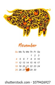 Calendar 2019. Week starts from Sunday. Business template. November 2019. Holiday event planner.  Chinese earth boar of horoscope sign. Happy Thanksgiving Day. A4 size. Vector Illustration