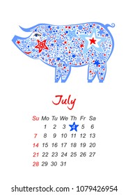 Calendar 2019. Week starts from Sunday. Business template. July 2019. Holiday event planner. Chinese earth boar of horoscope sign. Happy independence day United States of America, 4 th of July. Vector