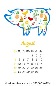 Calendar 2019. Week starts from Sunday. business template. August 2019. Holiday event planner.  Chinese earth boar of horoscope sign.  A4 size. Vector Illustration