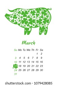 Calendar 2019. Week starts from Sunday. business template. March 2019. Holiday event planner.  Chinese earth boar of horoscope sign. Happy St. Patrick's day. A4 size. Vector Illustration