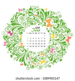 Calendar 2019. Week starts from Sunday. Holiday event planner. June 2019.  Vector Illustration