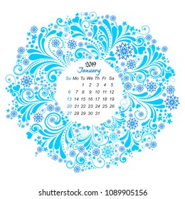 Calendar 2019. Week starts from Sunday. January 2019.  Vector Illustration
