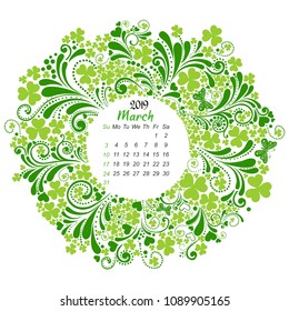 Calendar 2019. Week starts from Sunday. March 2019. Holiday event planner. Happy St. Patrick's day. Vector Illustration