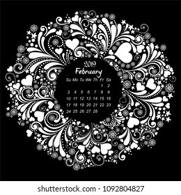 Calendar 2019. Week starts from Sunday. February 2019. Vector Illustration