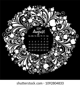 Calendar 2019. Week starts from Sunday. Holiday event planner. August 2019. Vector Illustration