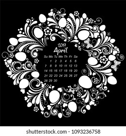 Calendar 2019. Week starts from Sunday. Holiday event planner. April 2019. Happy Easter! Chalkboard background.  Vector Illustration