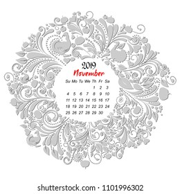 Calendar 2019. Week starts from Sunday. Holiday event planner. November 2019. Happy thanksgiving day. Vector Illustration