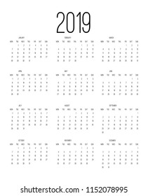 Calendar 2019, Week starts from Sunday, business template vector illustration. Simple calendar date year organizer design.