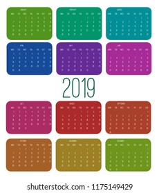 Calendar 2019, Week starts from Sunday, business template vector illustration. Simple calendar date year organizer design.