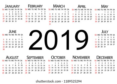 calendar 2019, Week starts from Sunday, business template