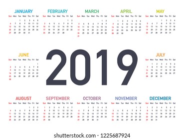 Calendar 2019, Week starts from Sunday, business template. Editable vector file available. English and Sunday to Monday version. Vector stock illustration.