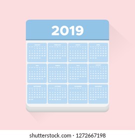Calendar 2019,  Week starts from Sunday. Vector illustration.