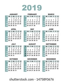 Calendar 2019. Week starts with sunday. Vector illustration.
