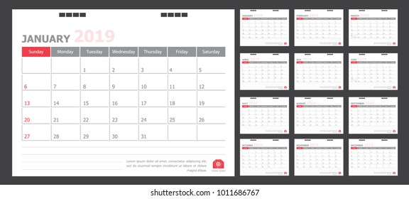 Calendar for 2019 White and red background