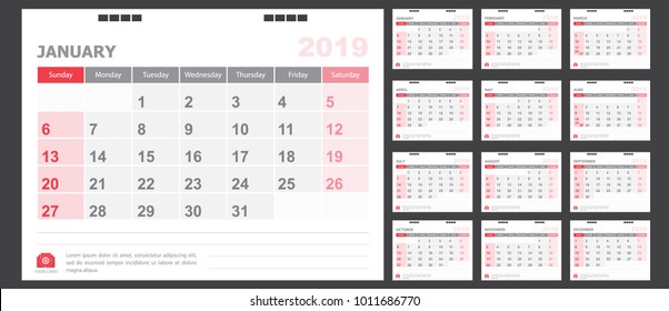 Calendar for 2019 White and red background