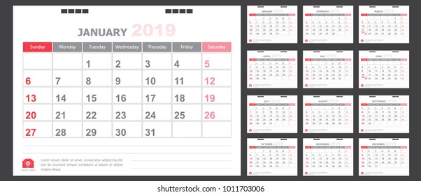 Calendar for 2019 White and red background