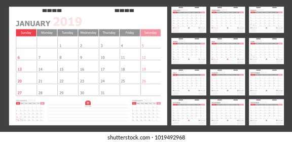 Calendar for 2019 White and red background