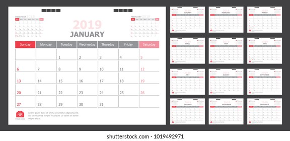 Calendar for 2019 White and red background