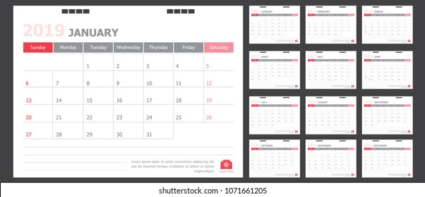 Calendar for 2019 White and red background
