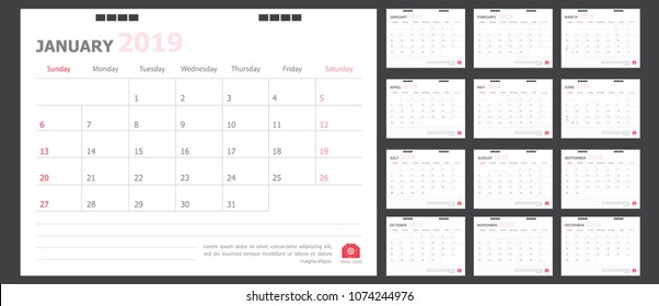 Calendar for 2019 White and red background