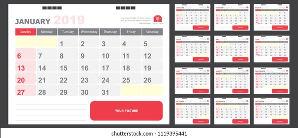 Calendar for 2019 White and red background