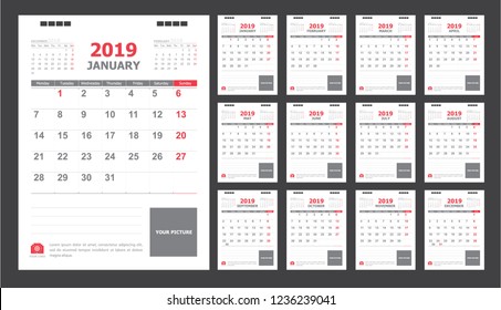 Calendar for 2019 White and red background