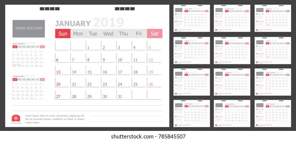 Calendar for 2019 White and red background