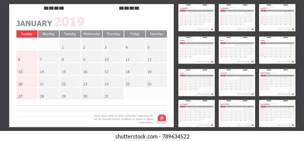Calendar for 2019 White and red background