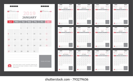 Calendar for 2019 White and red background