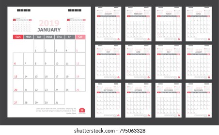 Calendar for 2019 White and red background