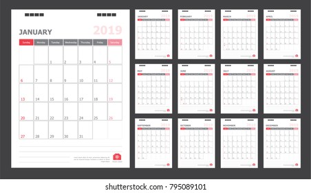Calendar for 2019 White and red background
