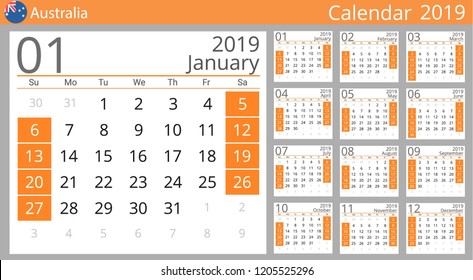 Calendar 2019 year for Australia country. English language. Set of 12 Months. Week starts on Sunday